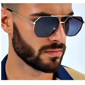 Dark Black‎ Lens Sunglasses Men's Fashion Forward Gold Frame Street Wear Trendy